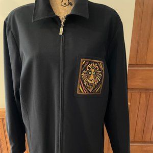 Bob Mackie Wearable Art:  Black Zippered Safari Cats Sweater 1X